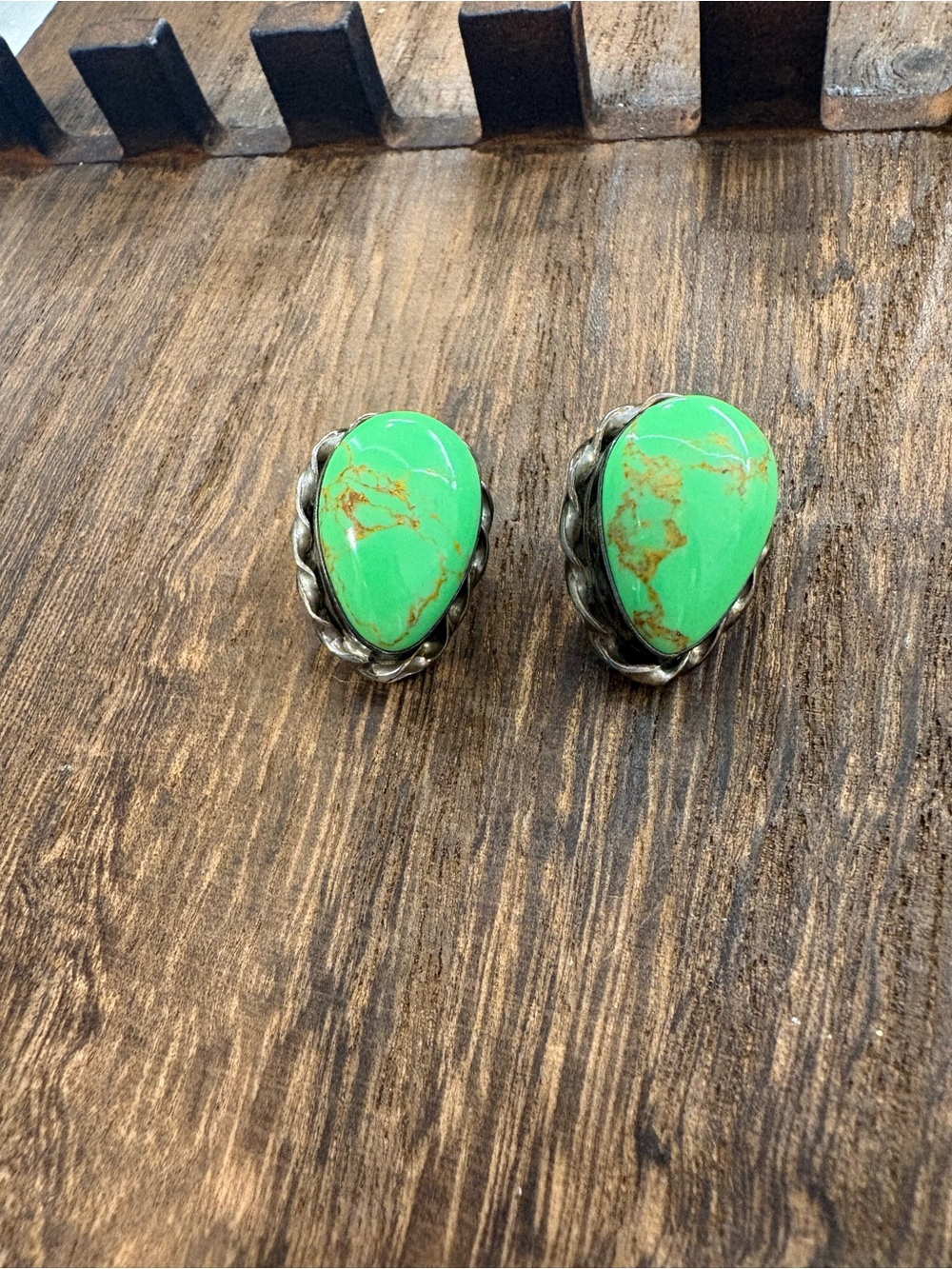 Vintage Green Turquoise Teardrop Mexico Sterling Silver Clip-On Earrings